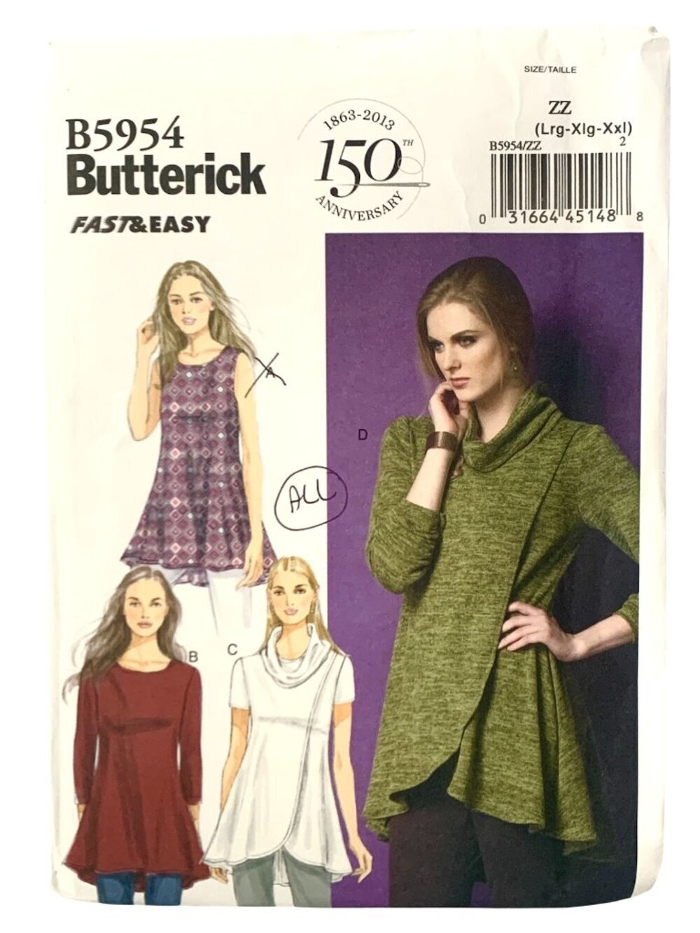 Butterick B5954 Pattern Misses Tunic Top Close & Loose Fitting Pullout Uncut Siz